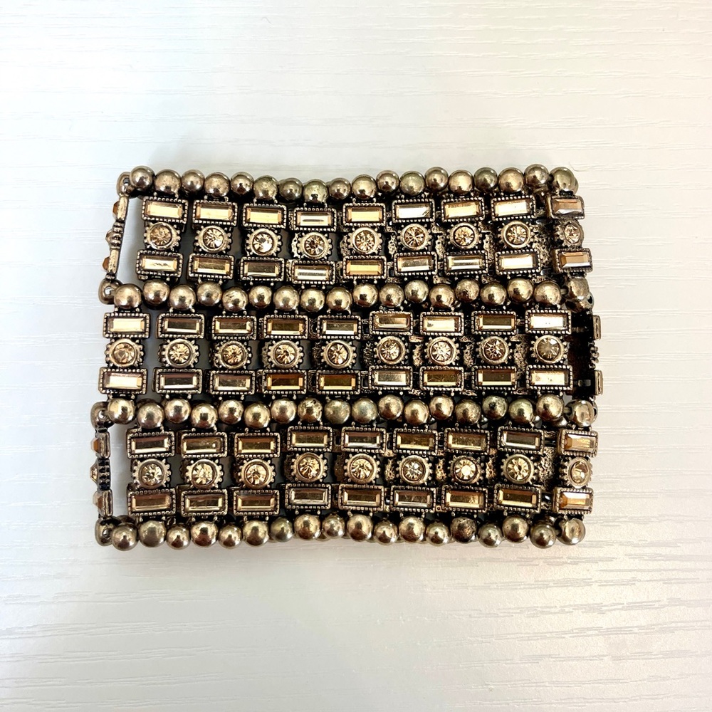 Chunky Art Deco Crystal Metallic Statement Stretch Cuff Bracelet - Picture 1 of 1